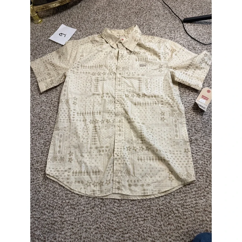 Levis Boys Large 12-13 Tan Bandana Patchwork Short Sleeve Button Down Shirt NWT